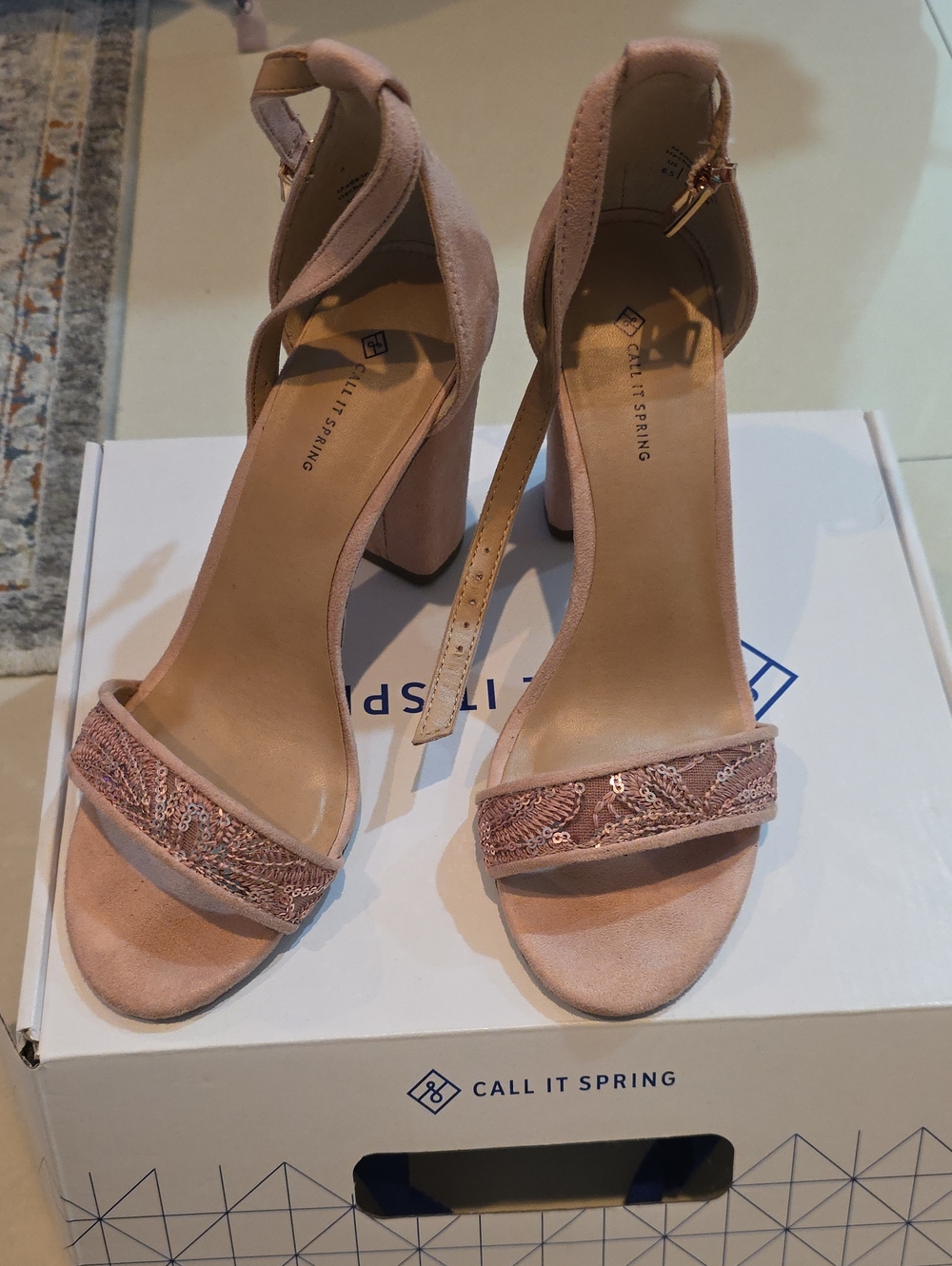 Call It Spring Blush Pink Sequined Block Heel Sandals